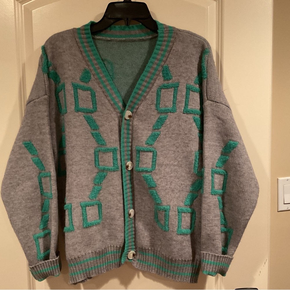 Gray and Green Geometric Men's Sweater
